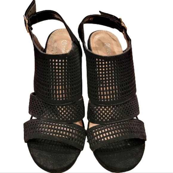 2/$18 Top Moda Black Suede Slingback Wedge Open Toe Heel 6.5 Buckle Open Back - Picture 5 of 8